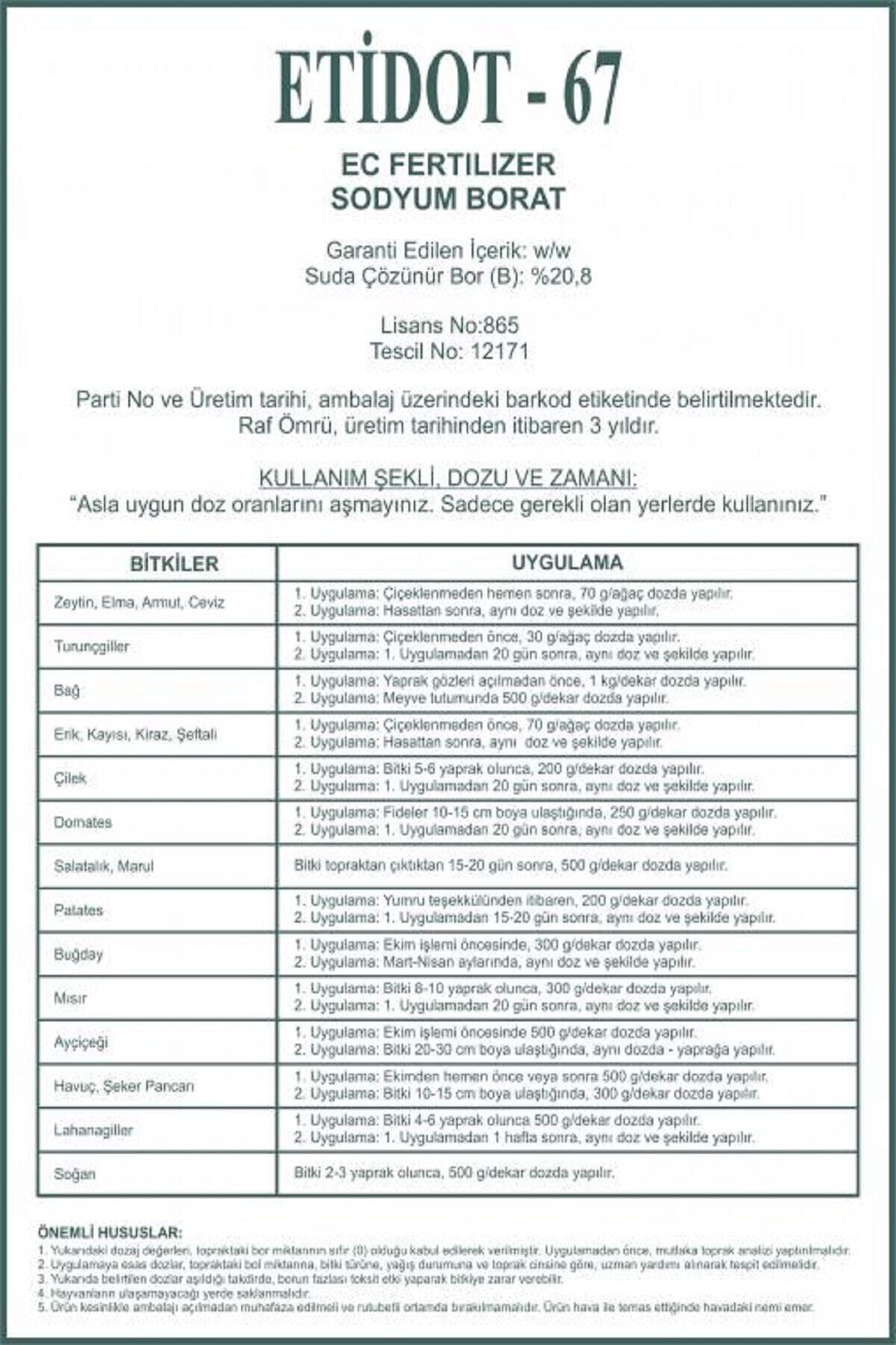 ETİDOT-67 BORLU GÜBRE 10 Kg Orjinal torbadan bölünerek gönderilir